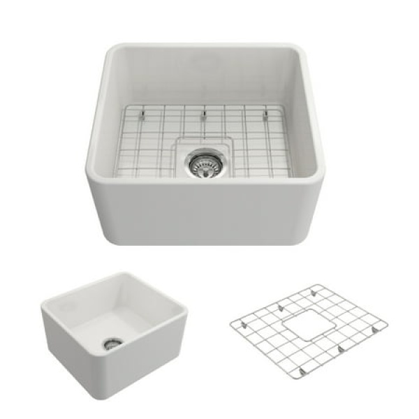 BOCCHI Classico Farmhouse Apron Front Fireclay 20 in. Single Bowl Kitchen Sink with Protective Bottom G+D8:D151rid and Strainer in White