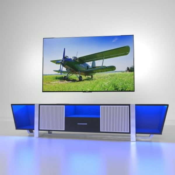 Biplane-Shaped LED TV Console with Remote - Black Modern Entertainment Center with Large Storage Cabinets & Power Cord