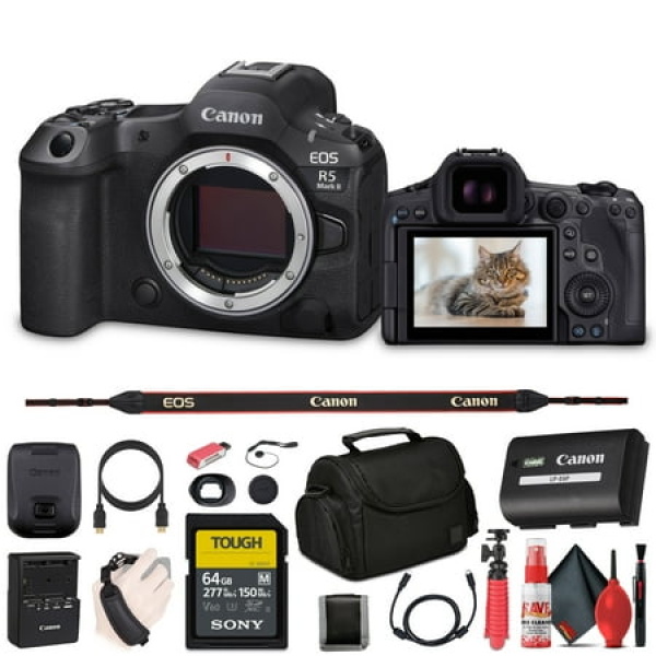 Canon EOS R5 Mark II Mirrorless Camera 45MP Full-Frame Hybrid Camera 8K Video (6536C002) + 64GB SF-M Tough Series Memory Card + Bag + Card Reader + Flex Tripod + Cleaning Kit + More