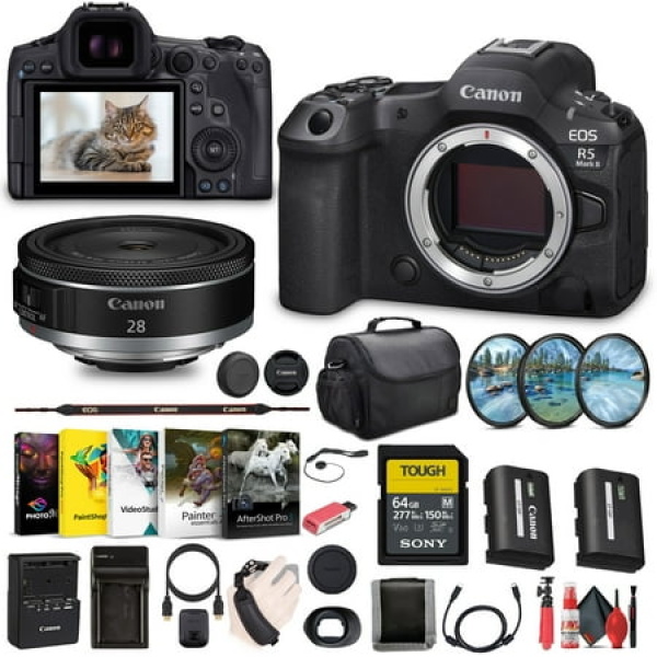 Canon EOS R5 Mark II Mirrorless Camera 45MP Full-Frame Hybrid Camera 8K Video (6536C002) + Canon RF 28mm f/2.8 Lens (6128C002) + 64GB SF-M Tough Series Memory Card + Filter Kit + Bag + More