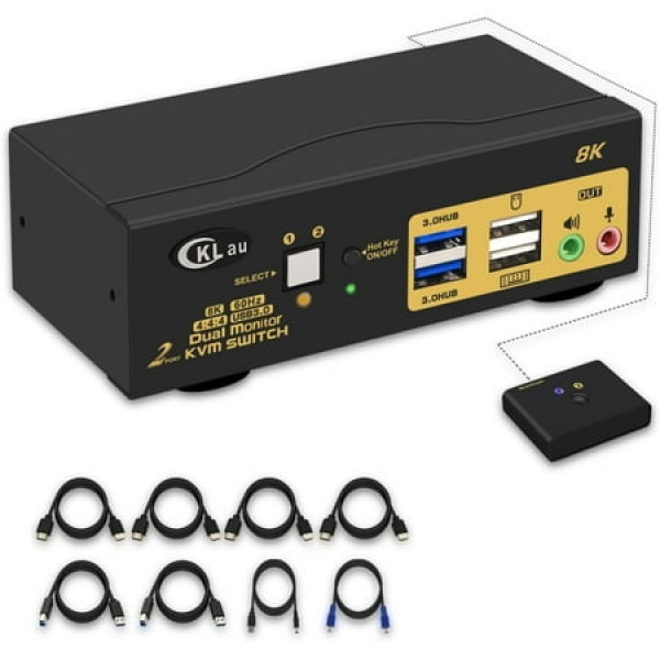 Cklau 2 Port Usb 3.0 Dual Monitor Hdmi Kvm Switch 8K@60Hz 4K@144Hz With Audio Output And Cables Support Hdmi 2.1 Hdcp Hdr