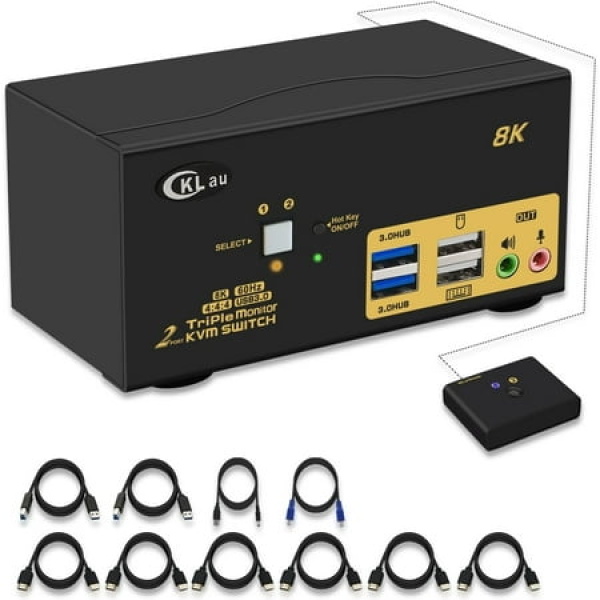 Cklau 2 Port Usb 3.0 Triple Monitor Kvm Switch Hdmi 2.1 8K@60Hz 4K@144Hz With Audio And All Input Cable For 2 Computers 3 Monitors Supports Hotkey Switching