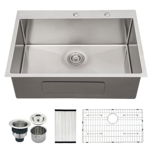 Clearance! Stainless Steel 30 in 2-Hole Single Bowl Drop-In Kitchen Sink with Bottom Grid and Basket Strainer