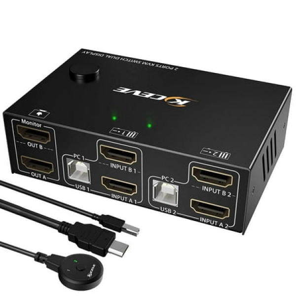 Dual Monitor Kvm Switch Hdmi 2 Port 4K@60Hz Usb Hdmi Extended Display Switcher For 2 Computers Share 2 Monitors And 4 Usb 2.0 Hub Desktop Controller And Usb Hdmi Cables Included