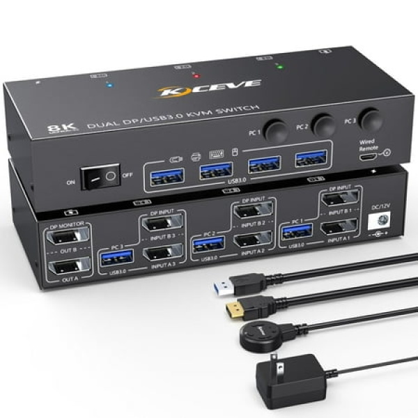 Dual Monitor Kvm Switch Usb 3.0 Displayport Kvm Switch 2 Monitors 3 Computers 8K@30Hz 4K@144Hz 3 Computers Share 2 Monitors And 4 Usb 3.0 Devices Wired Remote And Cables Included