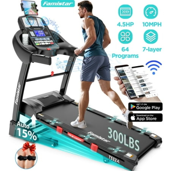 Famistar Foldable Treadmill w/ 15% Auto Incline 4.5HP Portable Treadmill for Home 300 lb Capacity 10MPH Speed 64 programs APP & HiFi Bluetooth Speakers Exercise Machine for Running & Walking