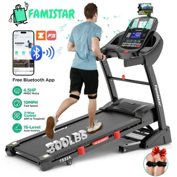 Famistar Folding Treadmill for Home with 15 Levels Auto Incline 300LB Capacity 10MPH Fast Speed Controls Portable Treadmill Running Walking Machine 4.5HP Knee Strap Gift