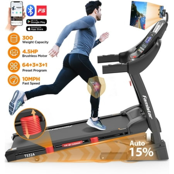 Foldable Treadmill for Home Treadmill with 15% Auto Incline 4.5HP & 10MPH 300lbs Capacity Bluetooth HiFi Stereo Speakers 64 Preset Programs Pulse Sensor Portable Machine for Running Walking