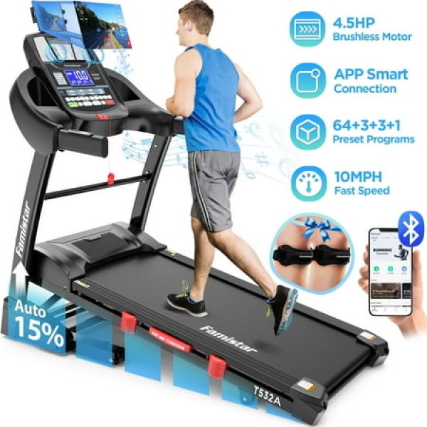 Foldable Treadmill w/ 15% Auto Incline 4.5HP Portable Treadmill for Home 300lbs Capacity 10MPH Speed Bluetooth HiFi Speakers 64 Preset Programs Pulse Sensor Portable Running Machine