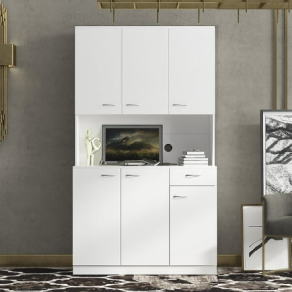 GZXS 70.87 Freestanding Kitchen Pantry Cabinet Buffet Sideboard Storage Cabinet Tall Wardrobe& Kitchen Cabinet with 6-Doors 1-Open Shelves and 1-Drawer for Bedroom Kitchen (White)