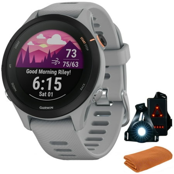 Garmin 010-02641-02 Forerunner 255S GPS Smartwatch Powder Grey Bundle with Workout Cooling Sport Towel and Deco Essentials Wearable Commuter Front and Rear Safety Light