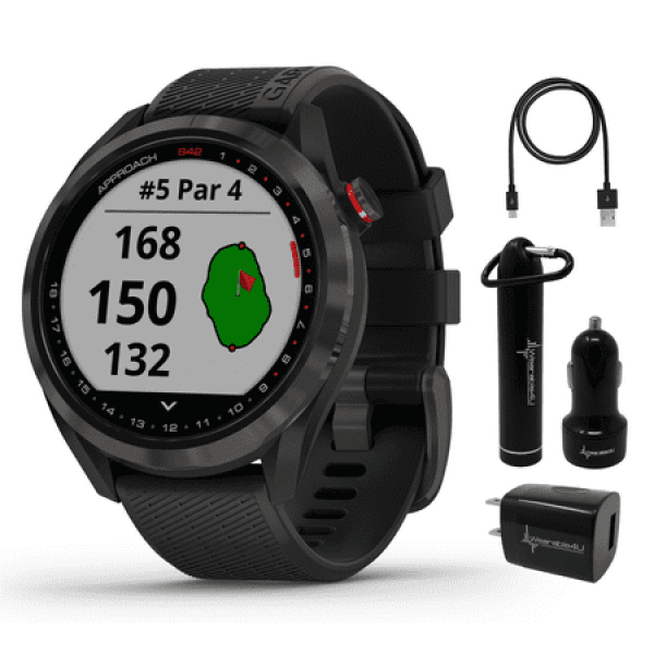 Garmin Approach S42 Premium GPS Golf Watch Gunmetal Ceramic Bezel with Black Silicone Band and Wearable4U Power Pack Bundle