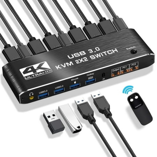 Hdmi 2.0 Kvm Switch Usb 3.0 Kvm Switch 2X2 With 3.5Mm Jack Audio Output For 2 Computers And 2 Monitors 4K@60Hz With 3 Display Method Hot Key Switching