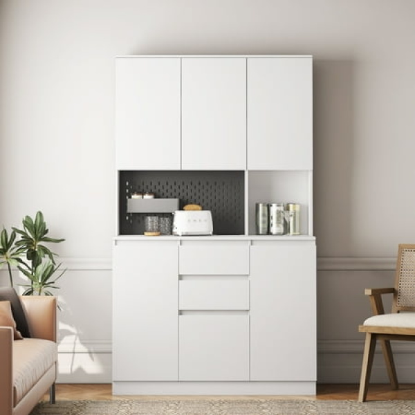 IMKHK 74 Kitchen Pantry Cabinet with Charging Station Freestanding Buffet Cupboards Sideboard with 6 Doors 3 Shelves and 2 Drawers Large Storage Cabinet for Kitchen Dining Room Living Room White