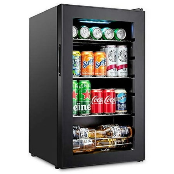 Ivation 101 Can Beverage Refrigerator Freestanding Mini Fridge with Glass Door - Black