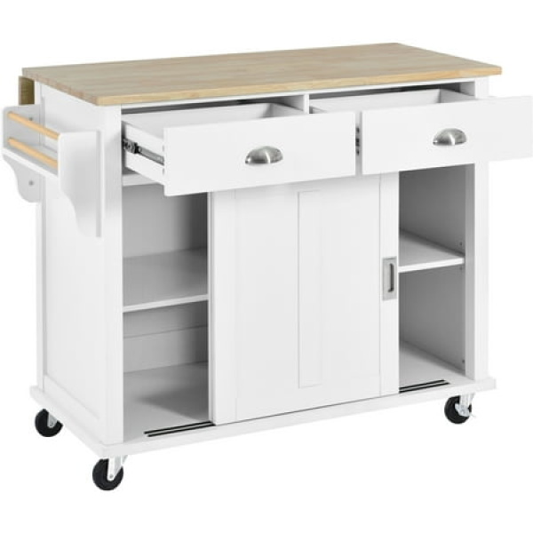 Kitchen Cart with Storage Cabinet and 2 Drawers White+Natural