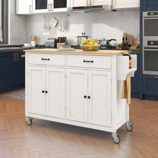 Kitchen Island Cart with Solid Wood Top and Locking Wheels with 4 Door Cabinet 2 Drawers Spice Rack & Towel Rack white