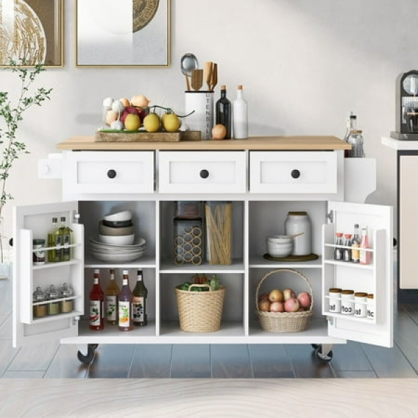 Kitchen Island Kitchen Cart with Drop-Leaf Countertop White