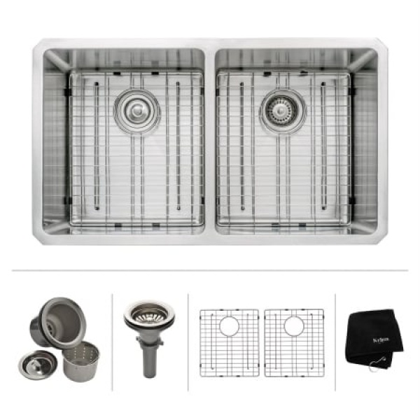 Kraus KHU102-33 33 in. 16 Gauge Undermount 50 by 50 Double Bowl Stainless Steel Kitchen Sink with Noise Defend Soundproofing