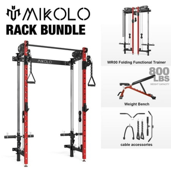 Mikolo Folding Squat Rack Wall Mounted Power Rack with Cable Crossover Machine & LAT Pull Down Machines Functional Trainer with 5 Adjustable Function Modes for Home Gym and Space Saving