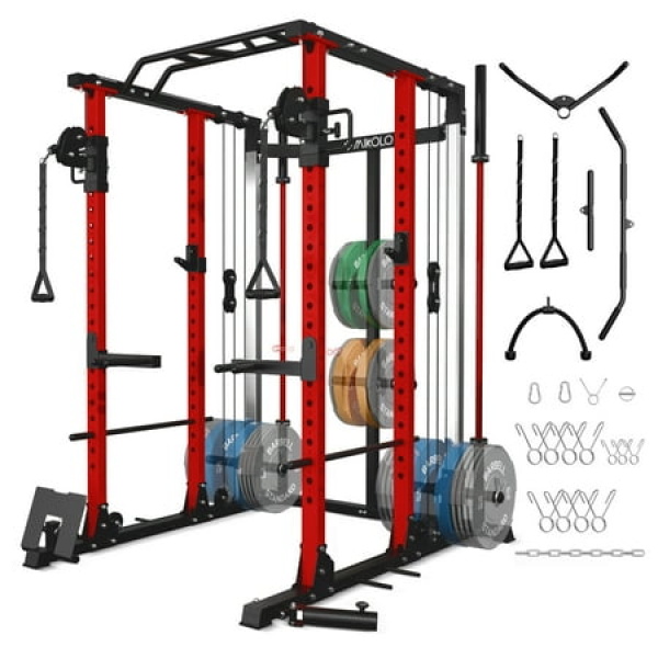 Mikolo Power Rack Cage PC07 2200 lbs Weight Rack with Cable Crossover Machine Multi-Function Squat Rack with J Hooks Dip Bars and Landmine for Home Gym (Red) Plate Loaded