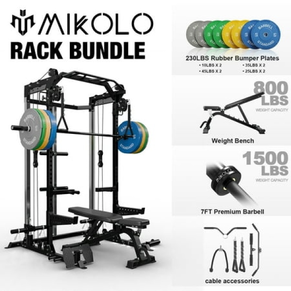 Mikolo Power Rack Cage Weight Rack with Dual Pulley Cable Crossover Machine Multi-Function Squat Rack with J Hooks Dip Bars and Landmine for Home Gym (Black)