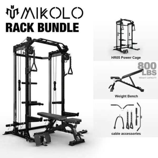 Mikolo Power Rack Cage Weight Rack with Dual Pulley Cable Crossover Machine Multi-Function Squat Rack with J Hooks Dip Bars and Landmine for Home Gym (Black)