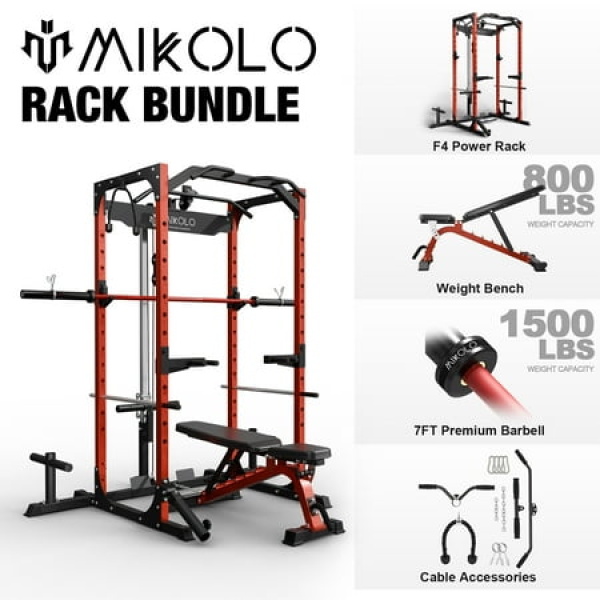 Mikolo Power Rack Cage with LAT Pulldown System 1200 lbs Capacity Power Rack with 800 lbs Capacity Weight Bench and 1500 lbs Capacity Barbell Combo (Upgraded)