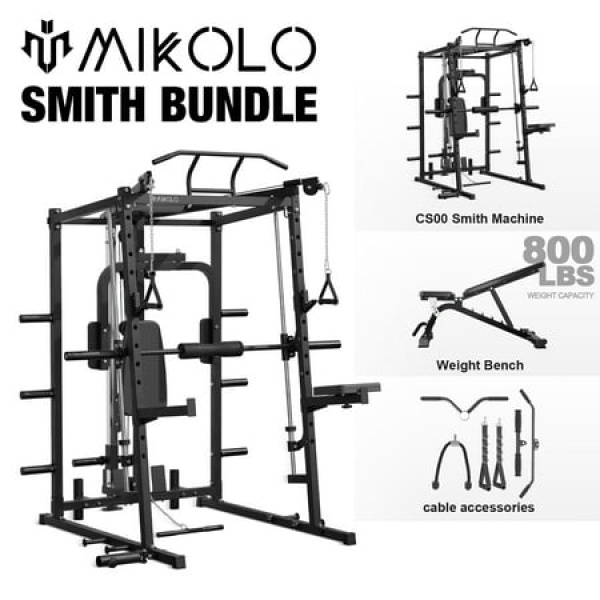 Mikolo Smith Machine 2000LBS Power Cage Squat Rack with Smith Bar Chest Fly Machine with Two LAT Pull-Down Systems Cable Crossover Machine and More Cable Attachment for Home gym