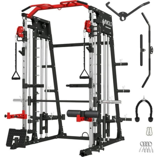 Mikolo Smith Machine Home Gym 2200 lbs Power Rack Cage with Cable Crossover Weight Bar 360° Landmine Barbell Holders and Other Attachments Total Body Strength Training Cage