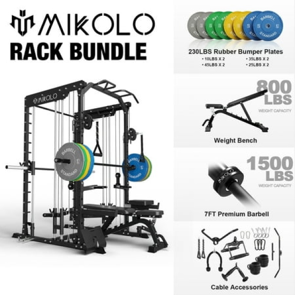 Mikolo Smith Machine Power Cage with Functional Trainer Multi-People Home Gym Training System with Adjustable Weight Bench and 230 lbs Weight Plate and Barbell