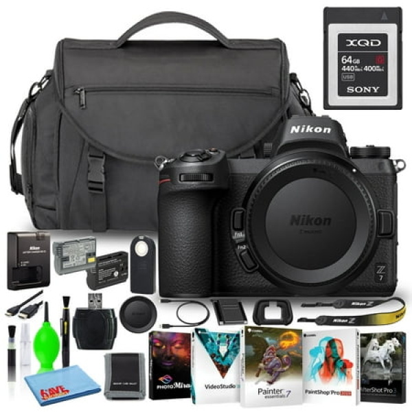 Nikon Z7 45.7MP Mirrorless Digital Camera (Body Only) (1591) Bundle with Sony 64GB XQD Memory Card + Camera Bag + Corel Editing Software + Extra Battery + Much More