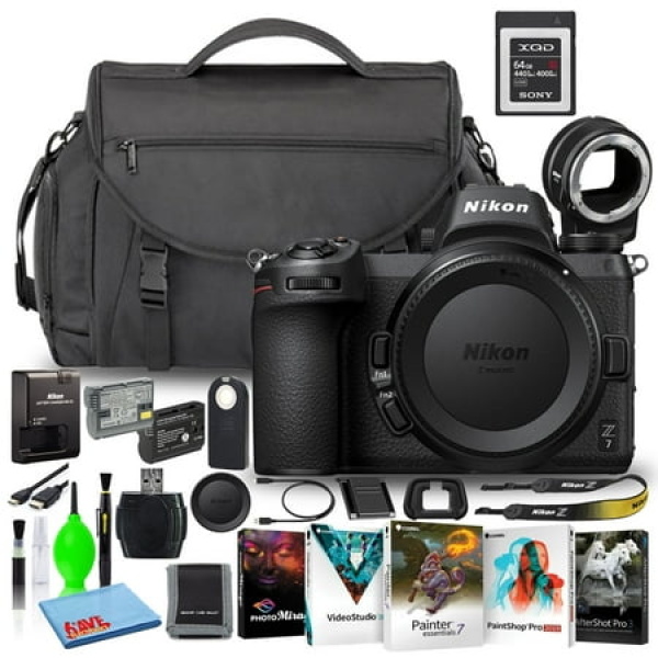 Nikon Z7 45.7MP Mirrorless Digital Camera (Body Only) (1591) Bundle with Sony 64GB XQD Memory Card + Nikon FTZ Adapter + Camera Bag + Corel Editing Software + Extra Battery