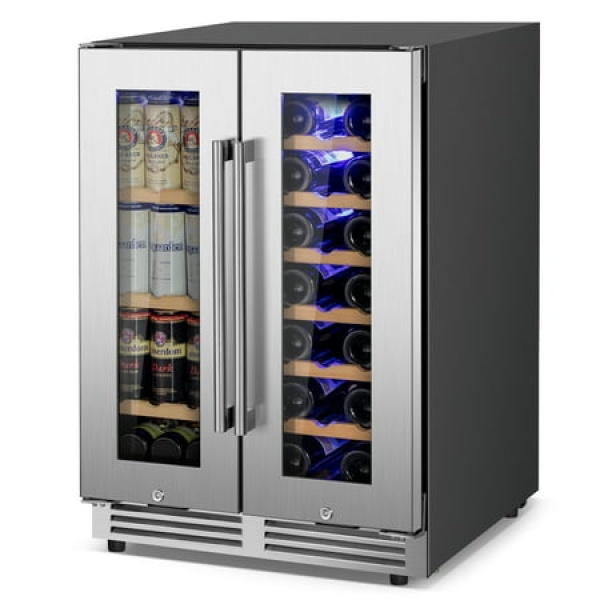 Nipus 24 inch Wine Cooler Beverage Refrigerator 20 Bottle and 57 Can Dual Zone Wine Fridge with Stainless Steel French Door