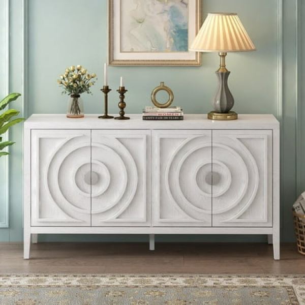 Retro Sideboard with Circular Groove Design Round Metal Door Handle for Entrance White