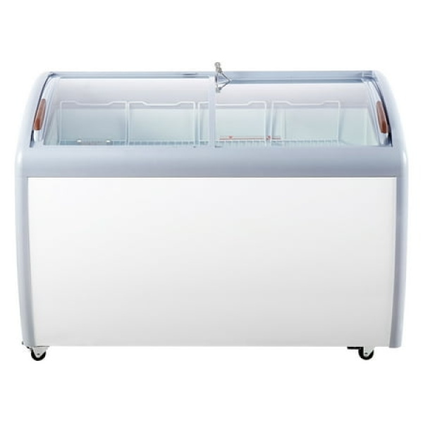 SKYSHALO Ice Cream Showcase 12.8 Cu.ft Mobile Freezer with Glass Top Gelato Serving Station with 4 Baskets Dual Sliding Glass Doors & Lockable Wheels White for Restaurants