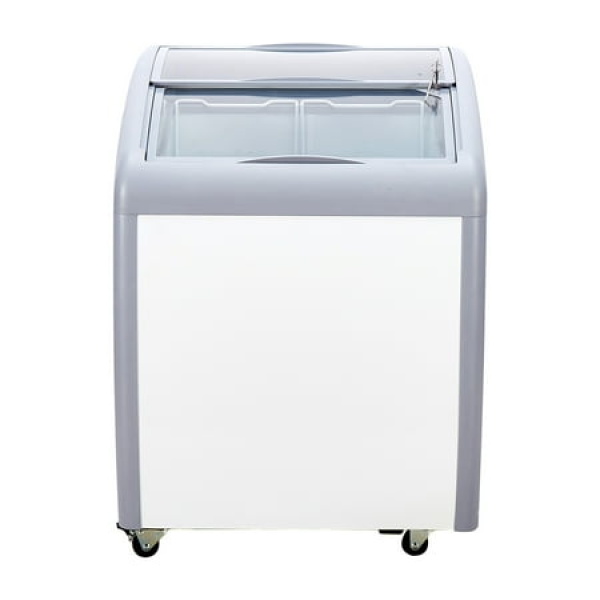 SKYSHALO Ice Cream Showcase 5.4 Cu.ft Freezer with Glass Cover Portable Gelato Cabinet 2 Baskets Dual Sliding Doors Lockable Wheels for Shops White