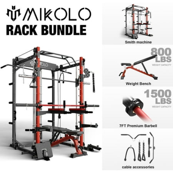 Smith Machine 2000 lbs Weight Rack with Cable Crossover Machine Multi-Function Squat Rack with J Hooks Dip Bars and Landmine for Home Gym (Red)