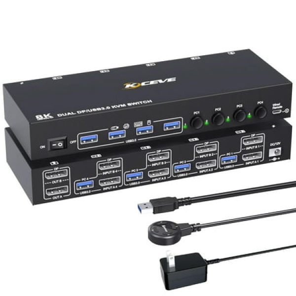 U200Bkvm Switch 4 Computers 2 Monitors 8K@30Hz 4K@144Hz Dual Monitor Kvm Switch For 4 Computer Share 2 Monitor And 4 Usb3.0 Port Keyboard Mouse Wired Remote And Usb Cables Included