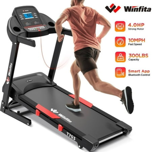 Winfita 4.0H Folding Treadmill for Home with 15% Auto Incline Smart APP 10 MPH Fast Speed 300LB Capacity 70 Programs Bluetooth Speaker Pause Function Portable Treadmill Running Walking Machine