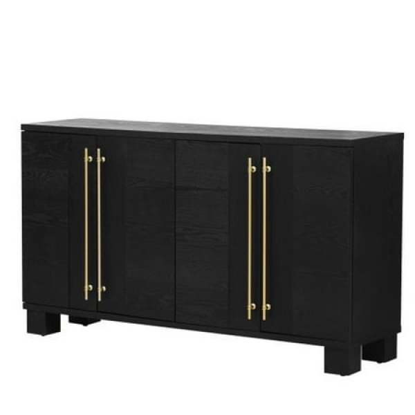 Wood Traditional Style Sideboard with Adjustable Shelves and Gold Handles - Black