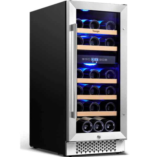 Yeego Wine Refrigerator Cooler 15 Inch 28 Bottles Wine Fridge with Glass Door Dual Zone Wine Cooler with Reversible Door Hinge & Safety Lock Built-in or Freestanding Fridge for Home Kitchen