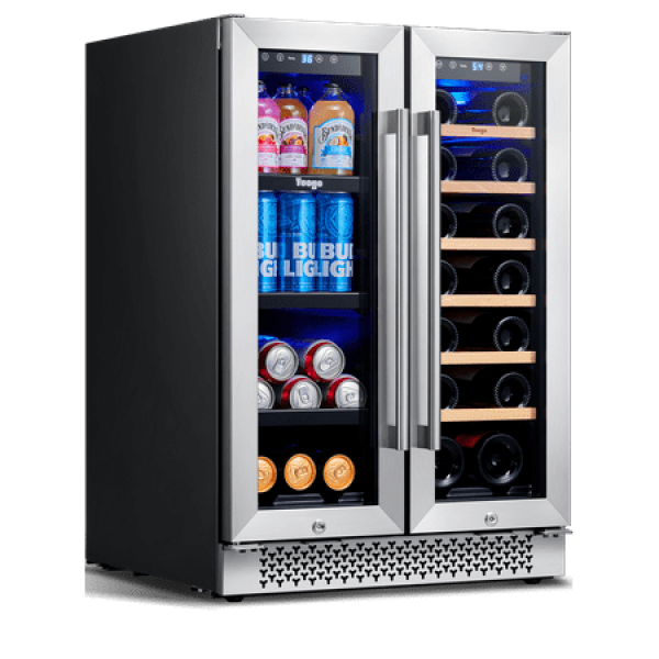 Yeego Wine and Beverage Refrigerator 24 Inch 60 Cans and 20 Bottles Dual Zone Wine Cooler with Glass Door & Removeable Racks Built in or Freestanding Under Counter Drink Safety Locks