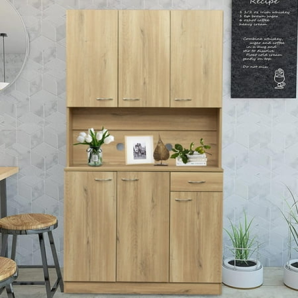 paproos 70.87 Pantry Cabinets with Hutch Tall Kitchen Pantry Storage Cabinet Sideboard Buffet Cabinet with 6-Doors 1-Open Shelves and 1-Drawer Kitchen Dining Room Bathroom Sideboard Oak