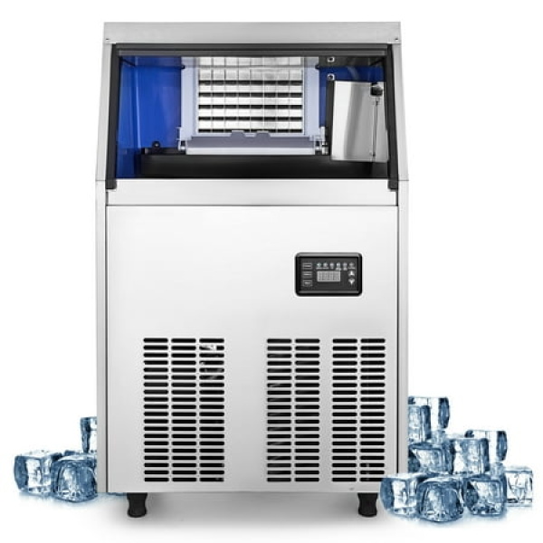 110V Commercial Ice Maker 110-120lbs/24H with 33LBS Bin Full Heavy Duty Stainless Steel Construction Automatic Operation Clear Cube for Home Bar Include Water Filter Scoop Connection Hose