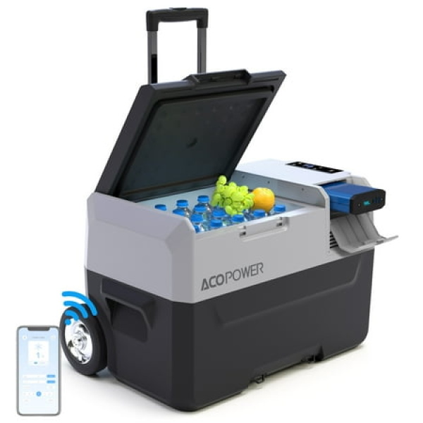 ACOPOWER 32Qt Outdoor Car Freezer Portable Refrigerator Freezer with Battery and 6 off-Road Wheels Low Noise 12V 45W Cooler Freezer