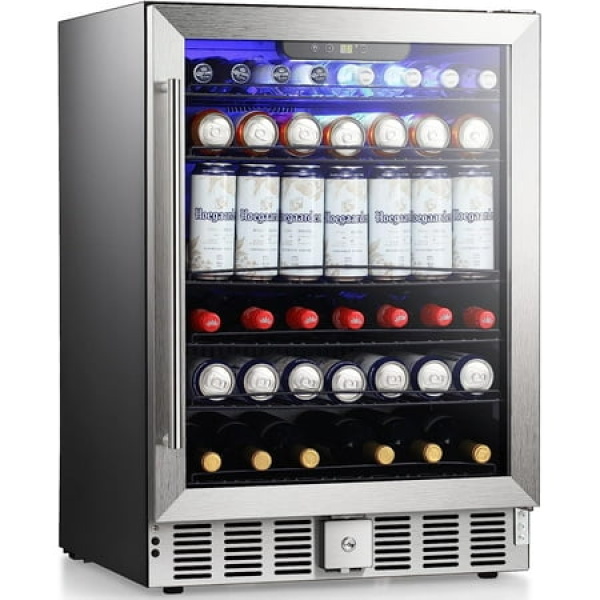 Auseo Beverage Refrigerator Cooler - 5.1Cu.ft Soda or Beer Small Wine or Champagne Cooler with a Lock LED Light for Home/Bar Temperature Control 24inch-Silver