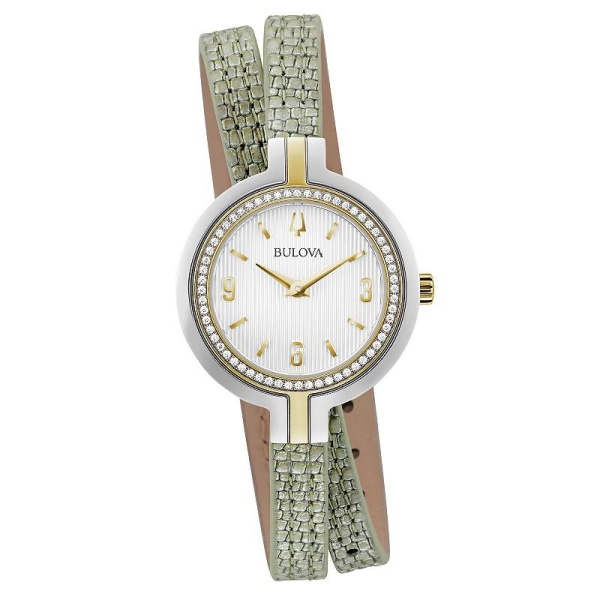 Bulova Women's Rhapsody Two-Tone Stainless Steel Gray-Green Leather Double Wrap Strap Watch - 98R278, Size: 30MM