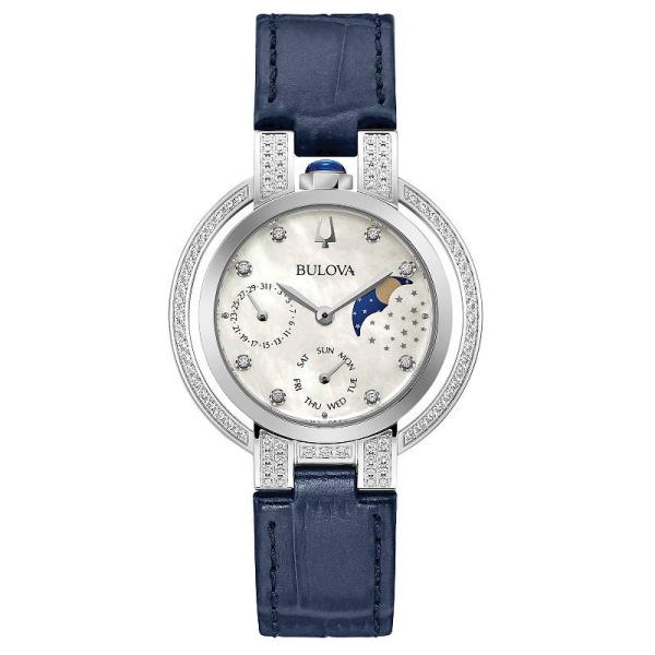 Bulova Women's Rubaiyat Stainless Steel Diamond Accent Blue Leather Strap Watch - 96R237, Size: 35 mm