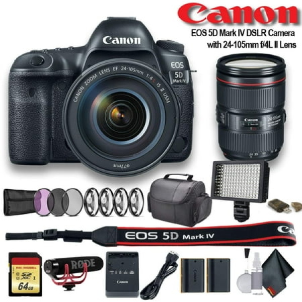 Canon EOS 5D Mark IV DSLR Camera with 24-105mm f/4L II Lens (Intl Model) W/ Bag Extra Battery LED Light Mic Filters and More - Advanced Bundle